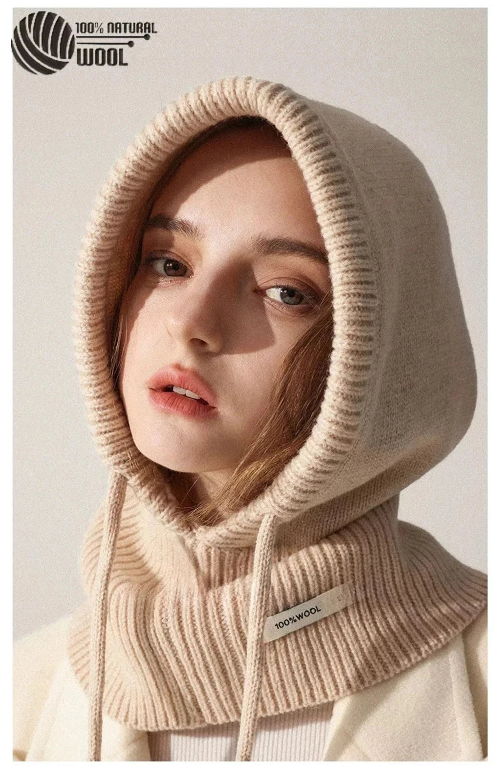 100% Wool Knit Balaclava Hood Hat for Women Winter Warm Neck Scarf