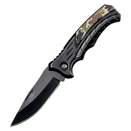 Tactical Folding Pocket Knife with Camo Handle Inlay - Black Blade EDC Survival