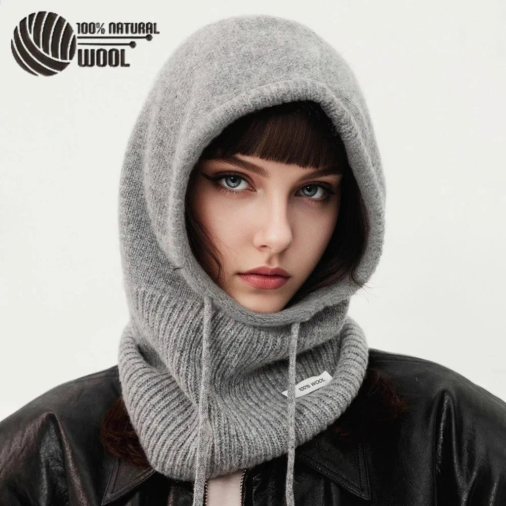 100% Wool Knit Balaclava Hood Hat for Women Winter Warm Neck Scarf