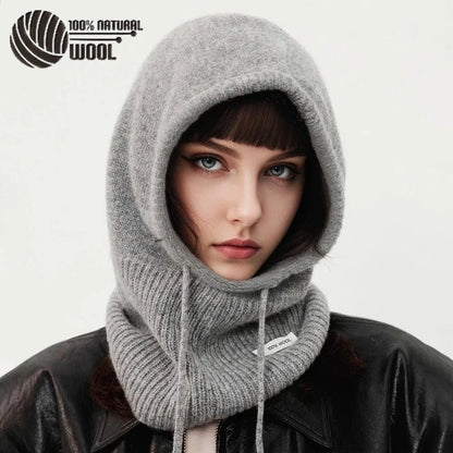 100% Wool Knit Balaclava Hood Hat for Women Winter Warm Neck Scarf