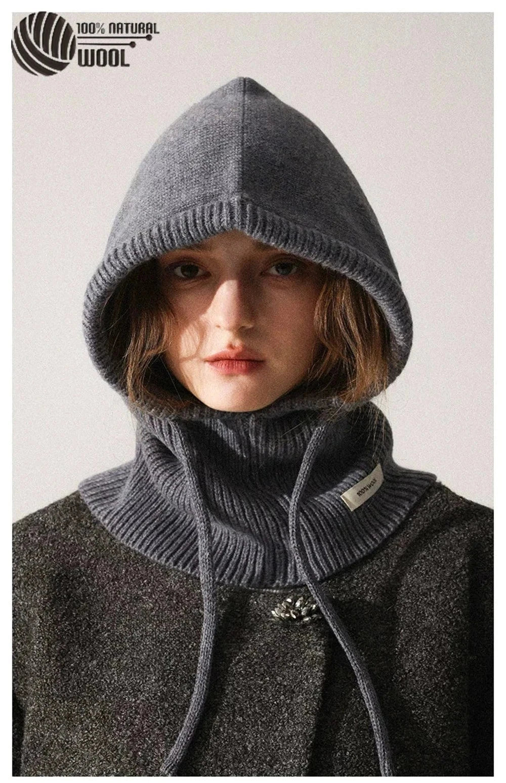 100% Wool Knit Balaclava Hood Hat for Women Winter Warm Neck Scarf